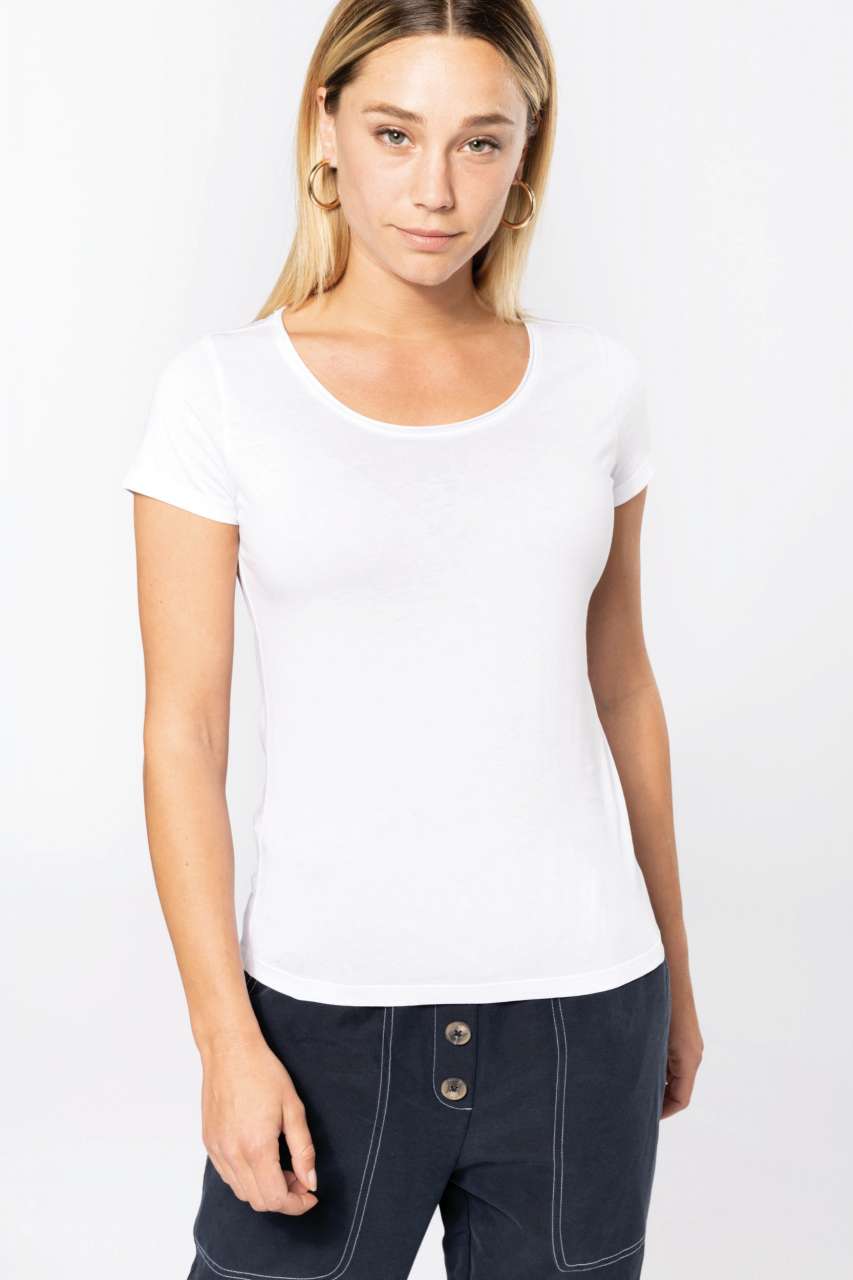 LADIES' SHORT-SLEEVED ORGANIC T-SHIRT WITH RAW EDGE NECKLINE