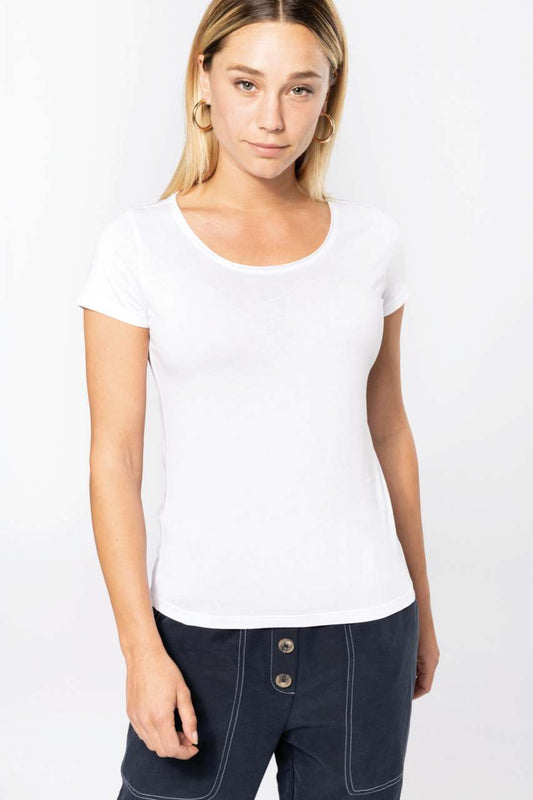 LADIES' SHORT-SLEEVED ORGANIC T-SHIRT WITH RAW EDGE NECKLINE