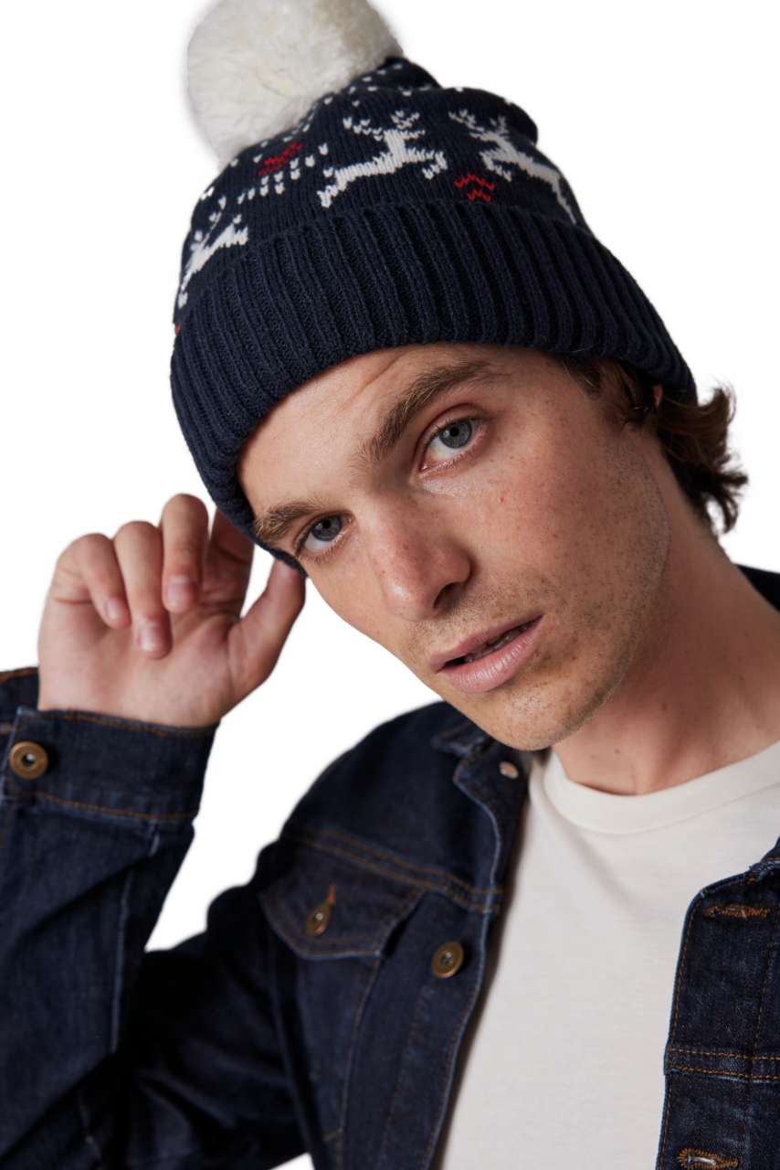 WINTER BEANIE WITH REINDEER DESIGN