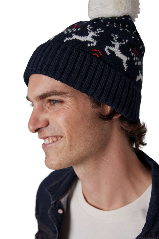 WINTER BEANIE WITH REINDEER DESIGN