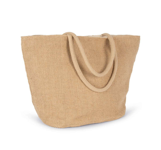 WOVEN JUTE SHOPPING BAG WITH KNIT CANVAS EFFECT - NATURAL - Kimood | utt:dfd4aa3cc5fe